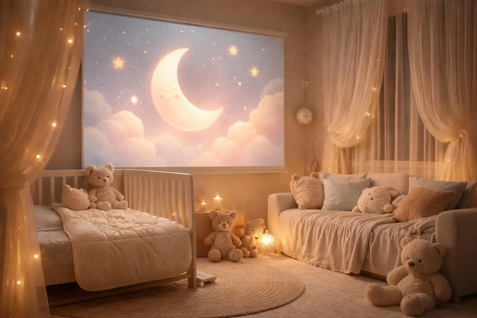 découvrez des berceuses pour bébé accompagnées d'une ambiance visuelle apaisante diffusée sur écran de projection, idéale pour calmer et endormir votre enfant en douceur.
