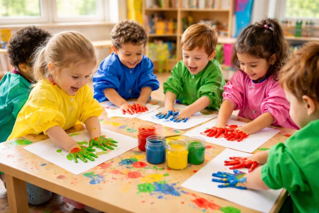 découvrez des activités ludiques et faciles en maternelle utilisant les empreintes de la main en peinture pour stimuler la créativité des jeunes enfants.