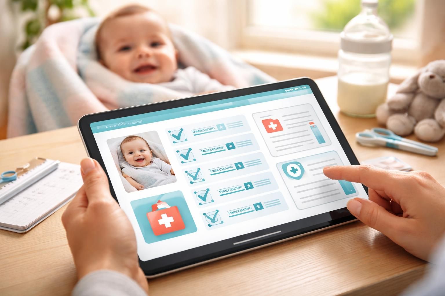 organisez et consultez facilement le dossier médical de votre bébé, incluant les vaccins et les ordonnances, directement sur une tablette tactile pour un suivi sécurisé et pratique.