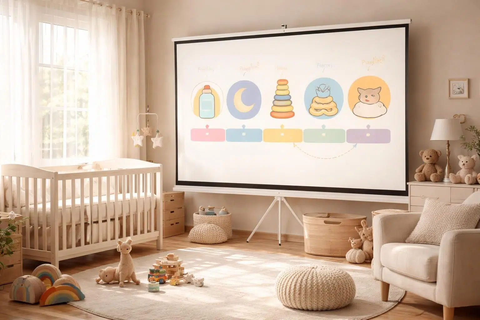 découvrez comment organiser la routine de votre bébé avec un planning clair et facile à suivre, projeté sur un écran pour un suivi simplifié et visuel au quotidien.
