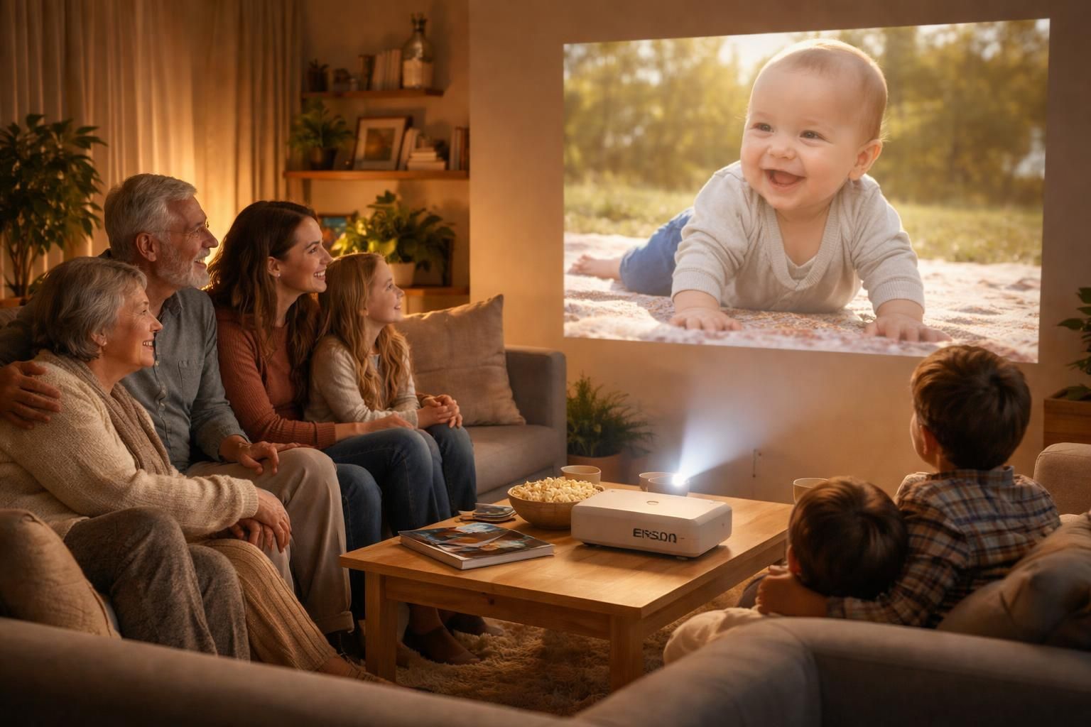 revivez les moments précieux de bébé en famille grâce aux photos projetées avec le vidéoprojecteur epson, pour des souvenirs partagés et inoubliables.
