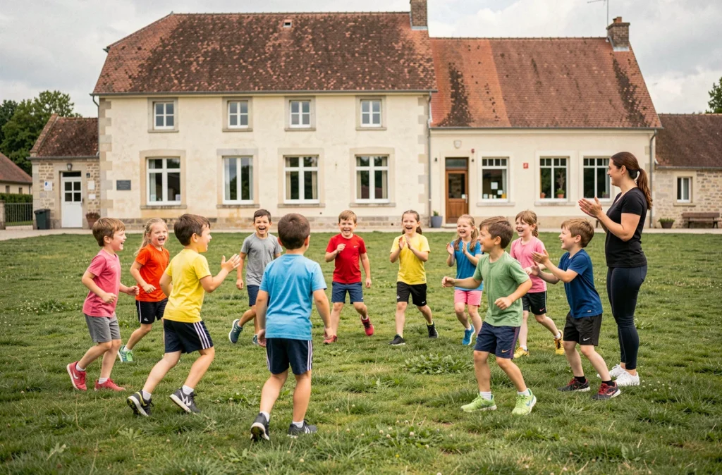 Enfants jouant en groupe à l'accueil de loisirs de Boussières