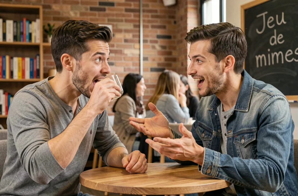 Deux adultes jouant au jeu de mimes pour apprendre le vocabulaire français dans une école de langues conviviale