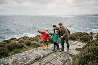Famille avec enfants explorant les côtes du Finistère en Bretagne, vue grand angle sur falaises et océan