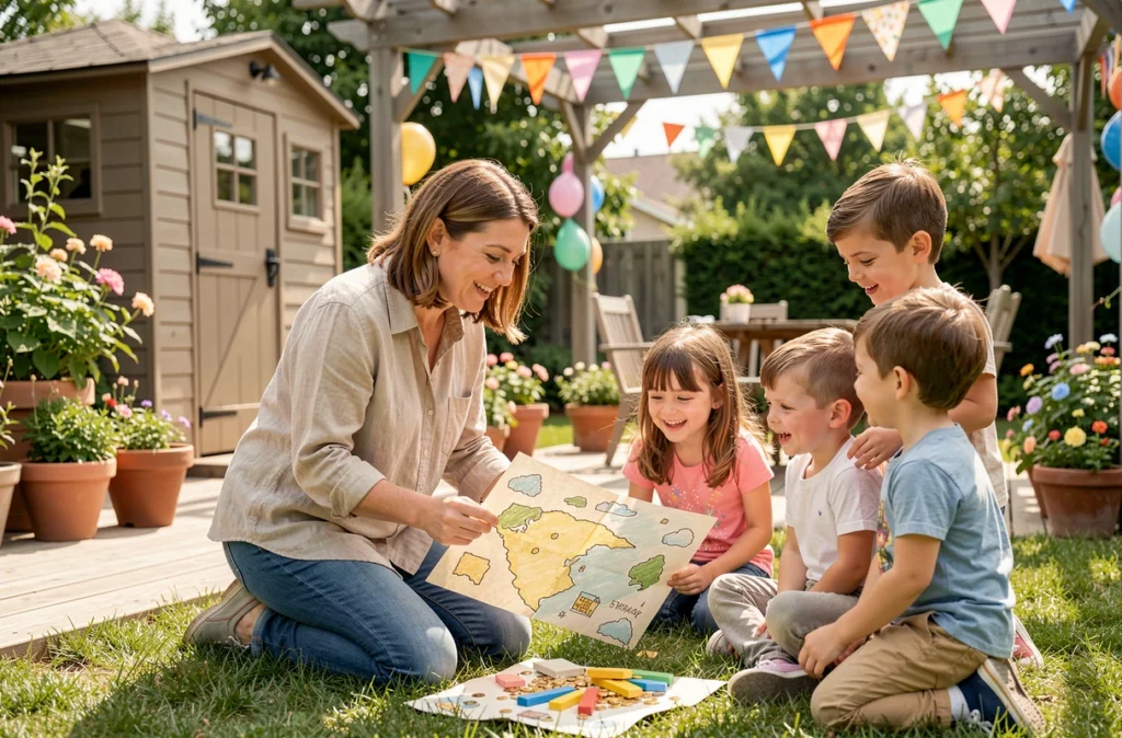 Animatrice organisant une chasse au trésor pour un anniversaire d'enfants dans un jardin