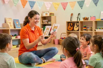 Animatrice jeunesse tenant des flashcards de chats illustrés devant des enfants dans une salle d'activités colorée