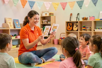 Animatrice jeunesse tenant des flashcards de chats illustrés devant des enfants dans une salle d'activités colorée