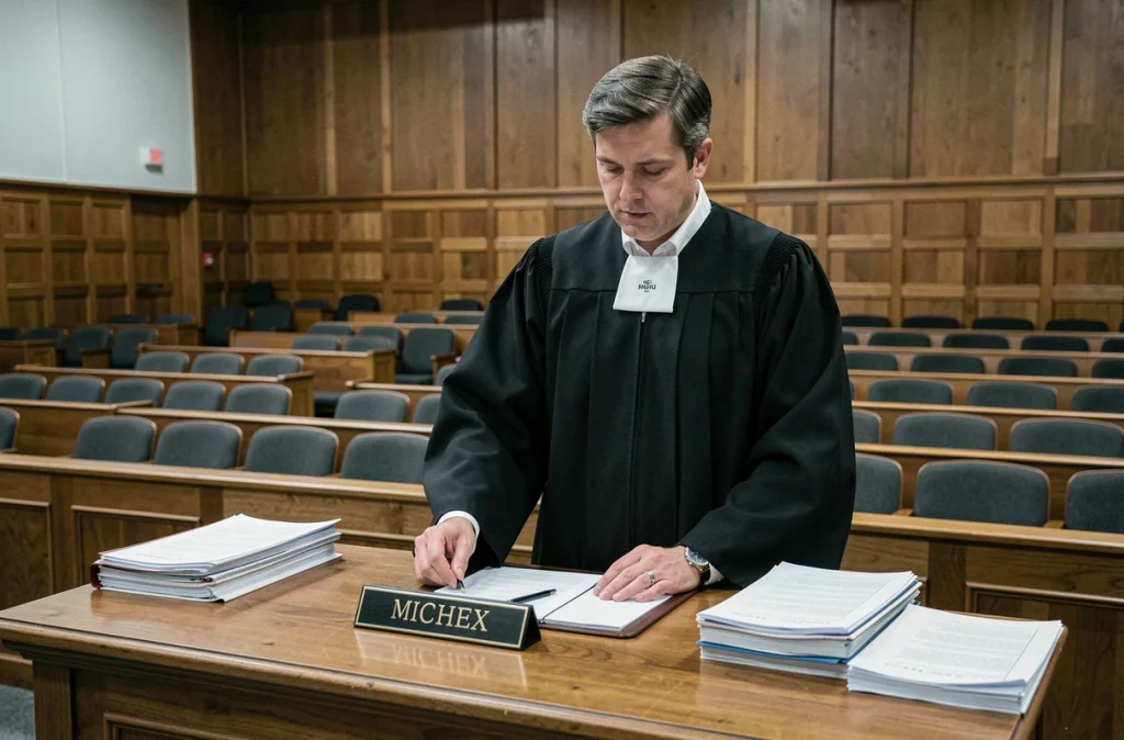 Avocat en robe noire consultant des documents dans une salle d'audience du tribunal pour enfants, représentant les enjeux juridiques d'une absence à une convocation