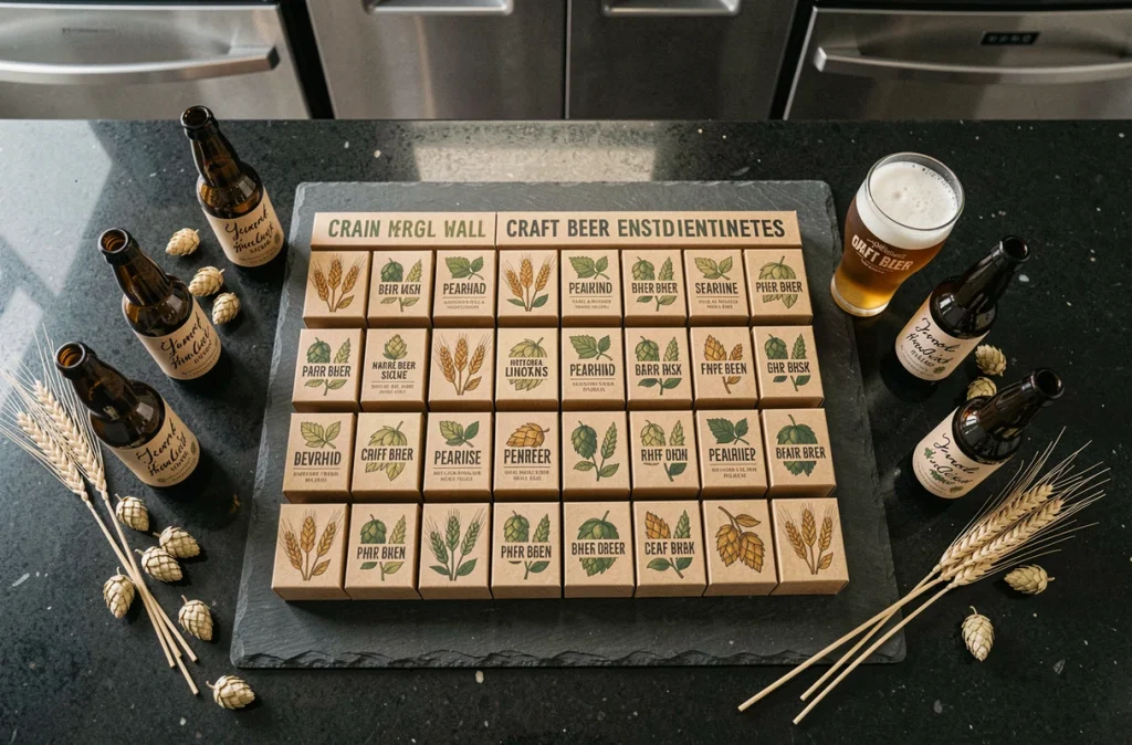 Vue de dessus d'un calendrier de l'Avent bière artisanale avec 24 boîtes illustrées, bouteilles de bière brune et cônes de houblon séchés