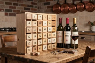 Calendrier de l'Avent en bois avec 24 tiroirs numérotés, bouteilles de vin et tire-bouchon vintage sur une table en chêne rustique