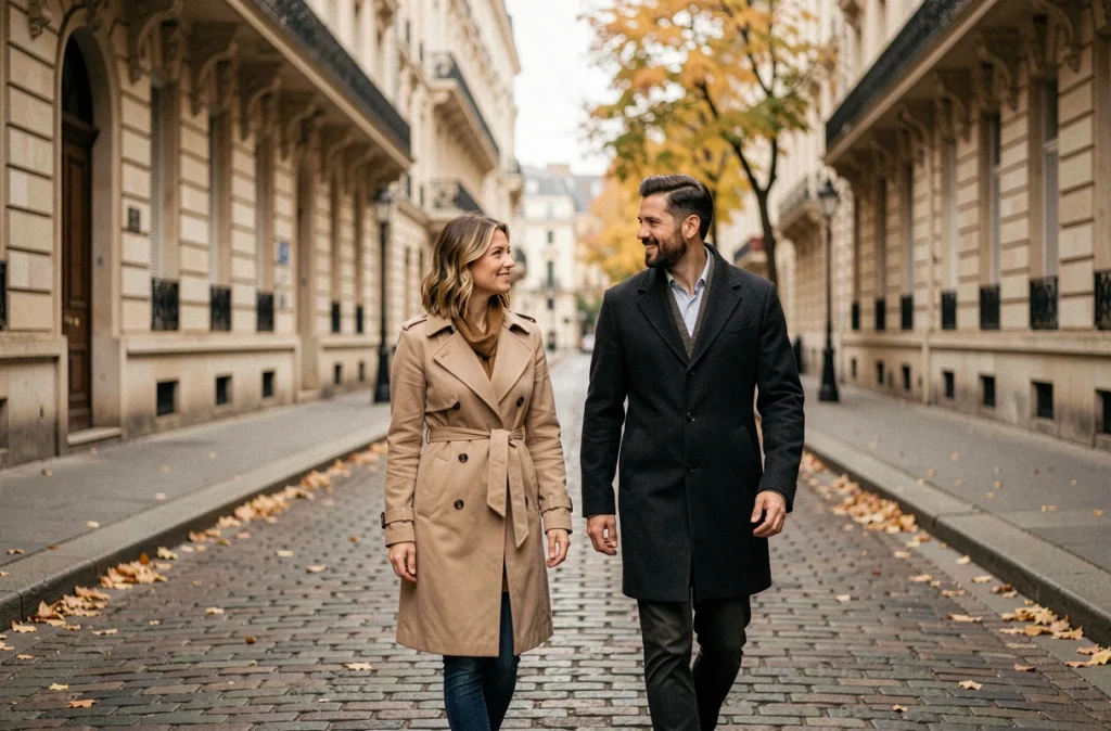 Couple se promenant discrètement dans une rue parisienne pavée en automne, symbolisant la confidentialité de la vie privée