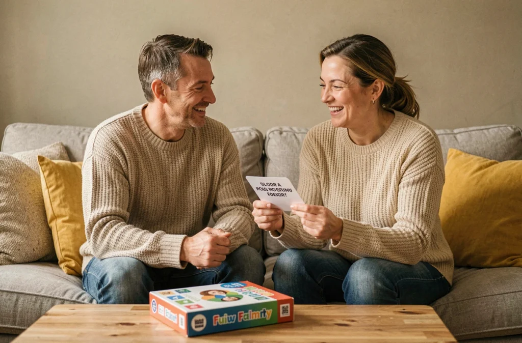 Couple jouant à une version famille du jeu de questions Les Z'amours dans un salon cosy