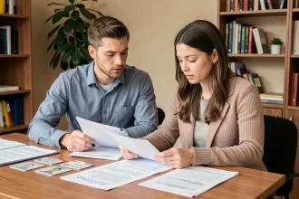 Couple vérifiant les documents nécessaires pour se pacser à leur bureau à domicile