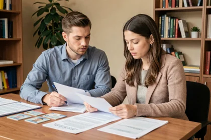 Couple vérifiant les documents nécessaires pour se pacser à leur bureau à domicile