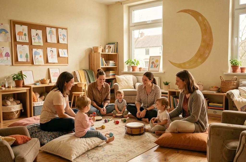 Activité musicale collective à la crèche parentale Au Clair de la Lune à Rennes avec parents, éducateurs et enfants en bas âge