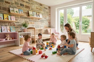 Vue d'ensemble d'une crèche bretonne chaleureuse avec des enfants jouant sous la supervision de professionnels de la petite enfance