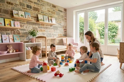 Vue d'ensemble d'une crèche bretonne chaleureuse avec des enfants jouant sous la supervision de professionnels de la petite enfance