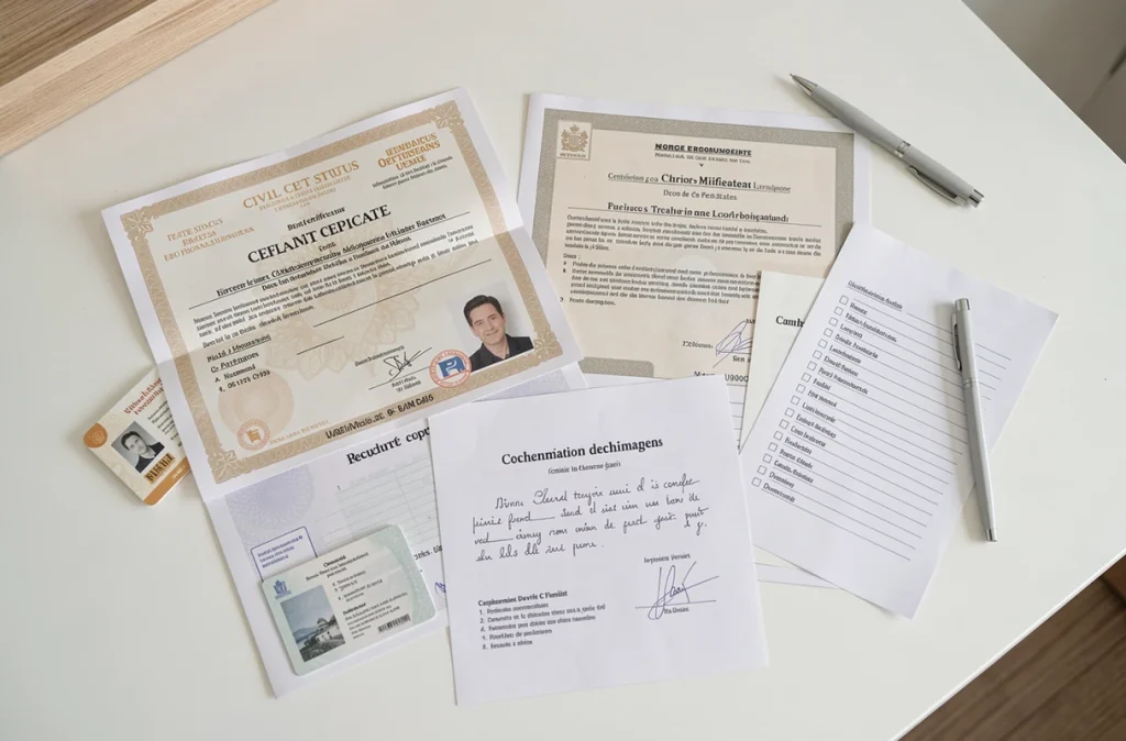 Vue aérienne des documents administratifs nécessaires pour constituer un dossier de PACS