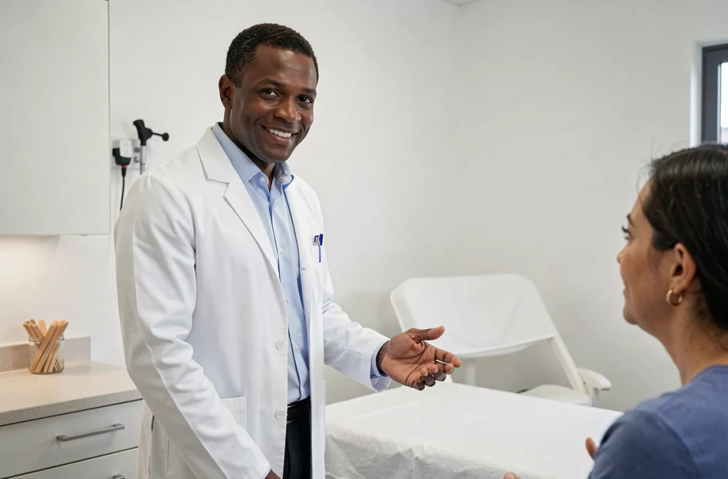 Dr Adnan Messai, pédiatre à Saint-Étienne discutant avec un parent dans son cabinet médical
