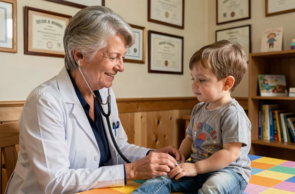 Dr Catherine Barnier, pédiatre dans la Loire auscultant un enfant avec un stéthoscope en cabinet
