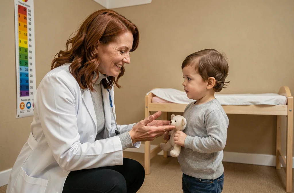 Dr Fabienne Roumenoff, pédiatre dans la Loire interagissant avec un jeune enfant en cabinet
