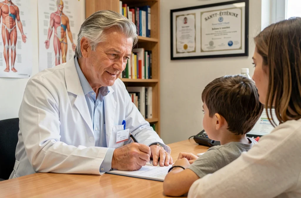 Dr Jean-Paul Blanc, pédiatre expérimenté en consultation à Saint-Étienne avec un patient