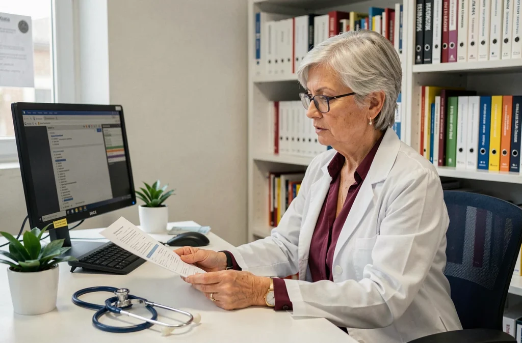 Dr Marie-Josèphe Estadieu-Lorimy, pédiatre à Saint-Étienne consultant un dossier médical
