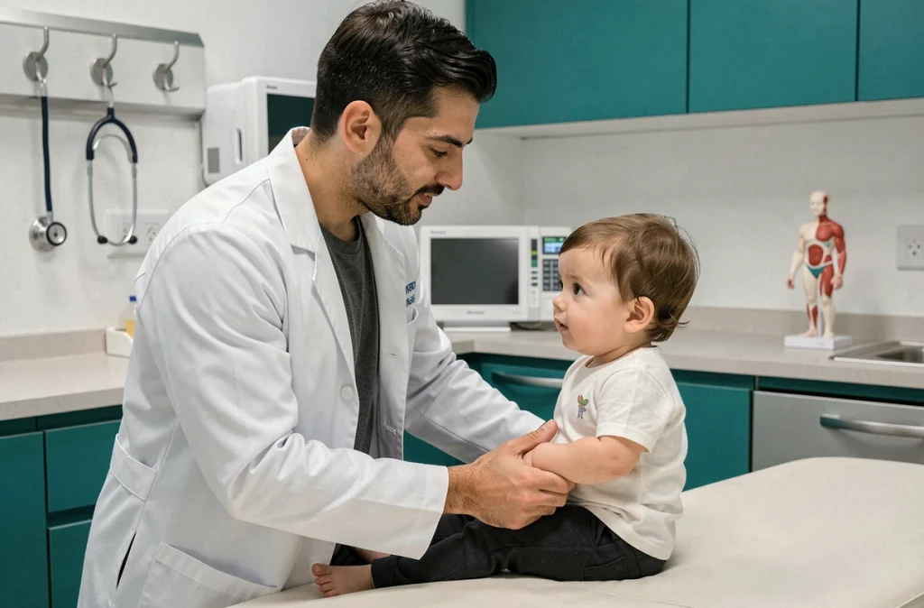 Dr Mohamad Mteyrek, pédiatre à Saint-Étienne examinant un jeune enfant en cabinet médical