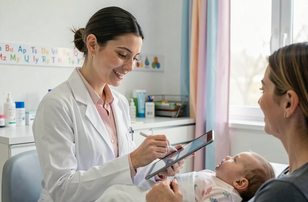 Dr Pauline Santarini, jeune pédiatre dans la Loire consultant avec un nourrisson et son parent