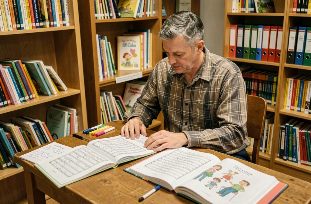 Éducateur musical consultant des partitions et livres de chansons pour enfants dans une bibliothèque