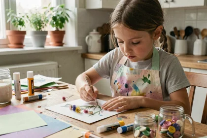 Petite fille faisant un bricolage fête des mères avec des fleurs séchées et de la colle sur une table en bois