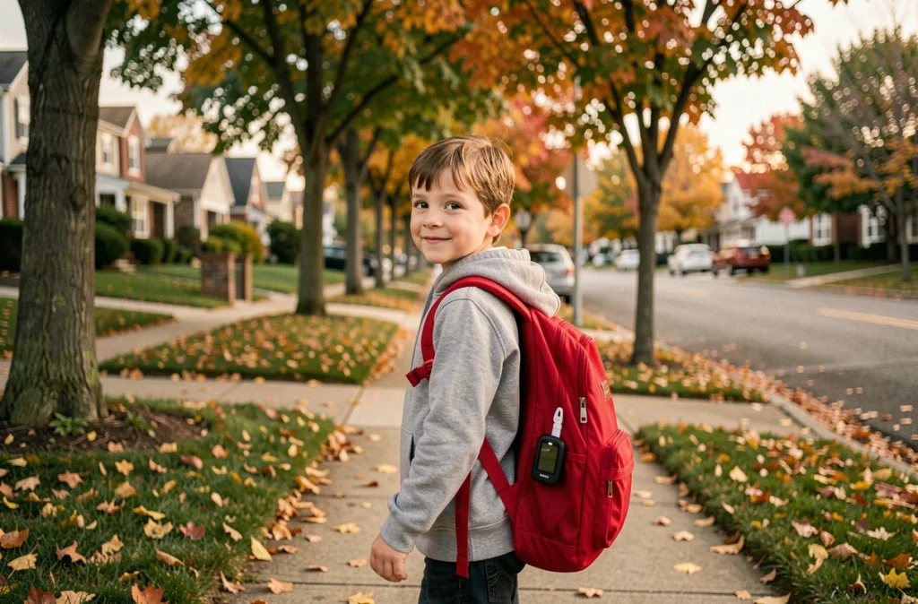 Enfant portant un sac à dos avec traceur GPS discret fixé sur la bretelle dans une rue résidentielle