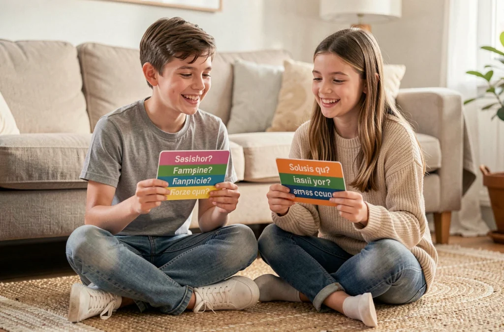 Deux jeunes enfants tenant des cartes de jeu de questions amusantes version famille inspirée des Z'amours