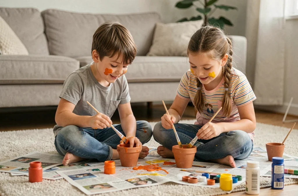 Deux enfants peignant des pots en terre cuite ensemble comme bricolage pour la fête des mères