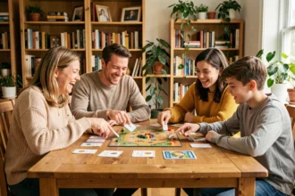 Famille réunie autour d'une table en bois pour jouer à un jeu de questions style Les Z'amours version famille