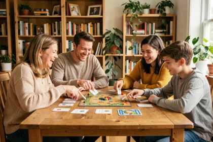 Famille réunie autour d'une table en bois pour jouer à un jeu de questions style Les Z'amours version famille