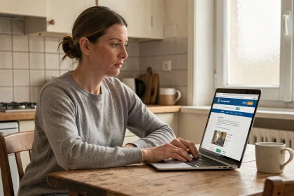 Femme consultant le site de la CAF sur un ordinateur portable pour vérifier sa date de versement RSA 2026