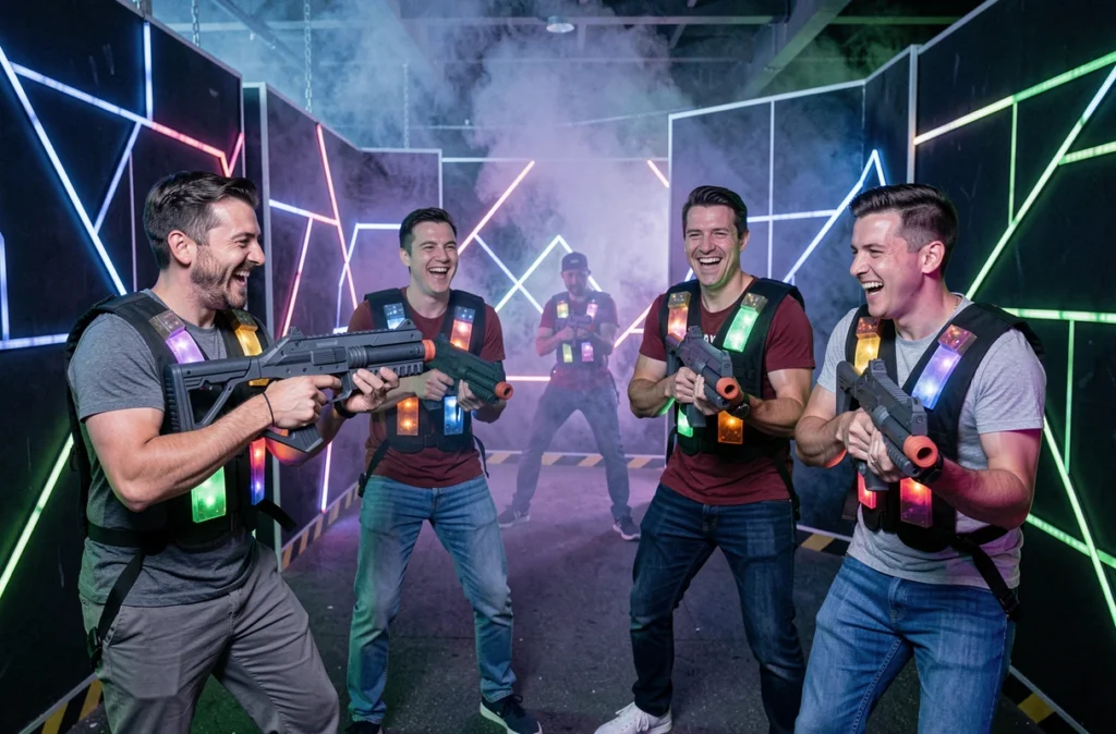 Groupe d'adultes jouant au laser game à Games Factory Dijon