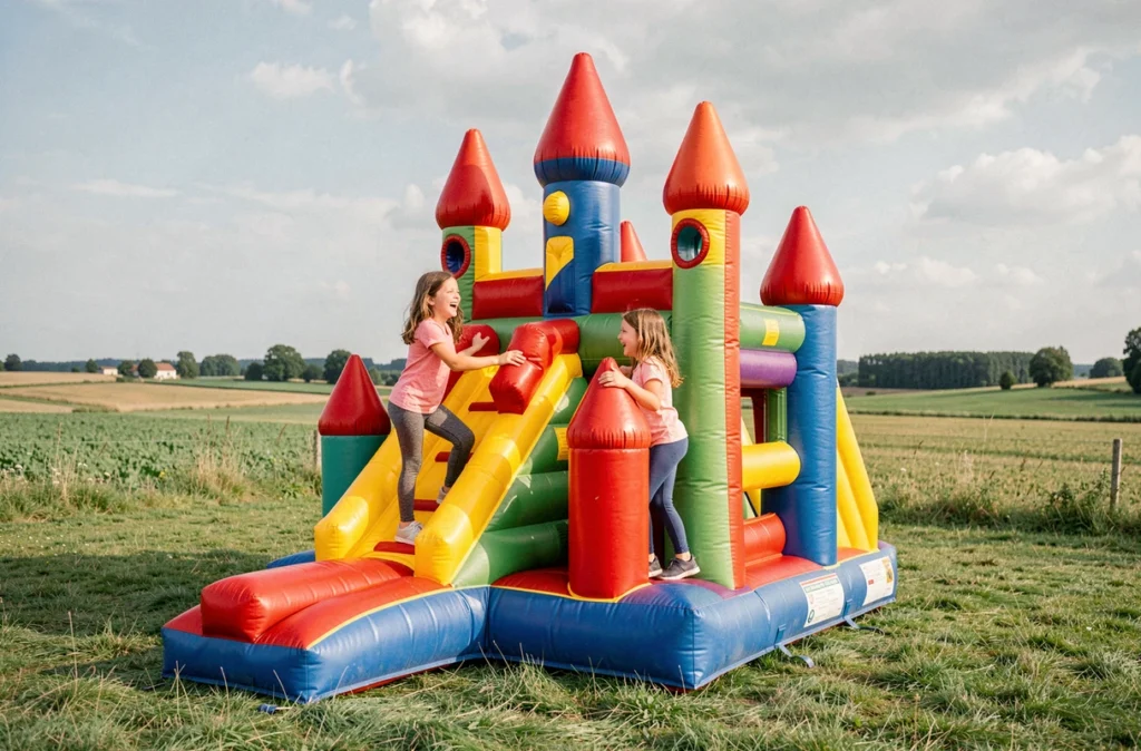 Enfants jouant sur les structures gonflables de Guiguitte En Folie à Filain