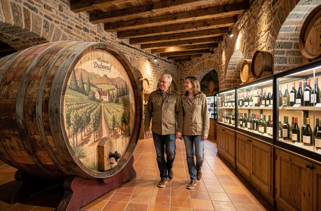 Couple visitant l'exposition viticole du Hameau Duboeuf à Romanèche-Thorins