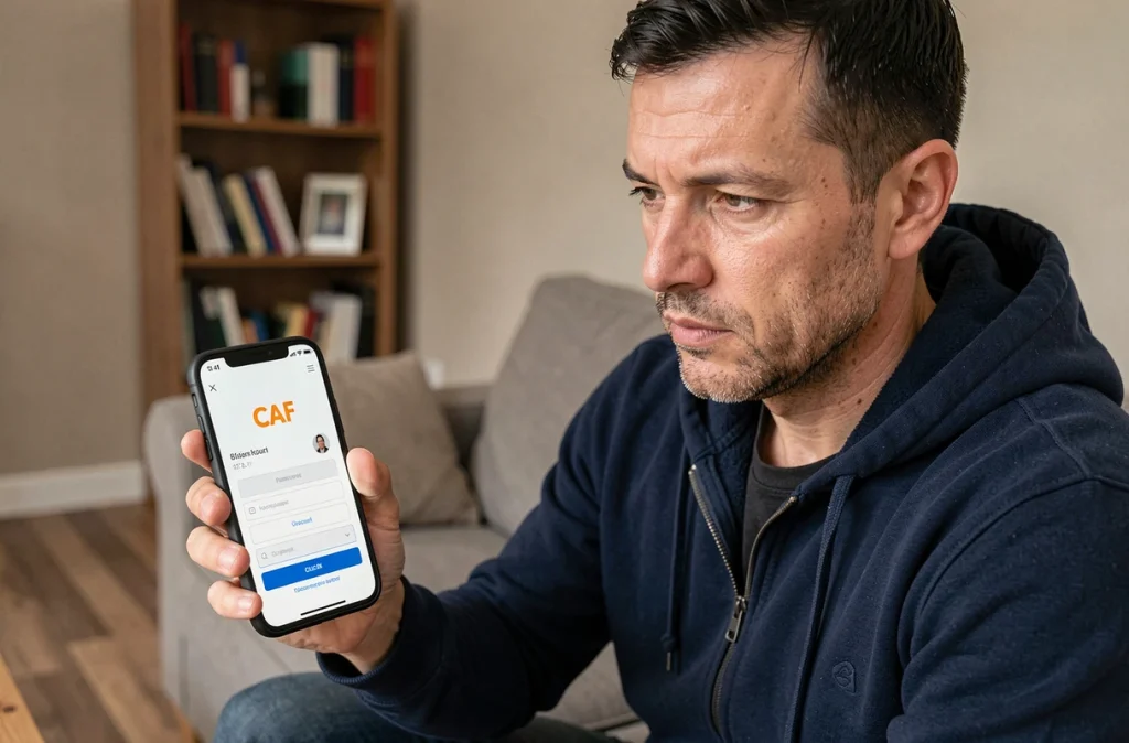 Homme vérifiant sa date de versement RSA 2026 sur l'application mobile de la CAF depuis son salon