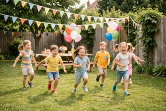Enfants jouant à la course en sac lors d'un anniversaire en extérieur dans un jardin décoré
