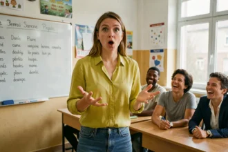 Étudiants adultes participant à un jeu de mimes en cours de français langue étrangère dans une salle de classe moderne