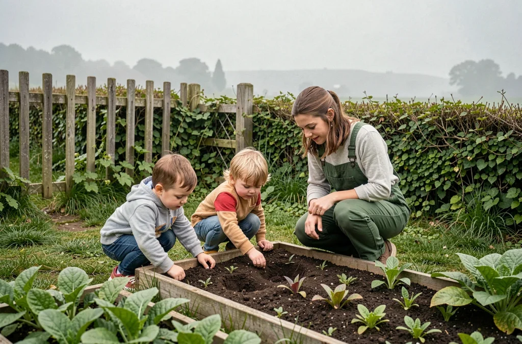 Enfants explorant un jardin potager encadrés par une éducatrice dans le cadre nature de la crèche Les Jeunes Pousses - Little Leaves
