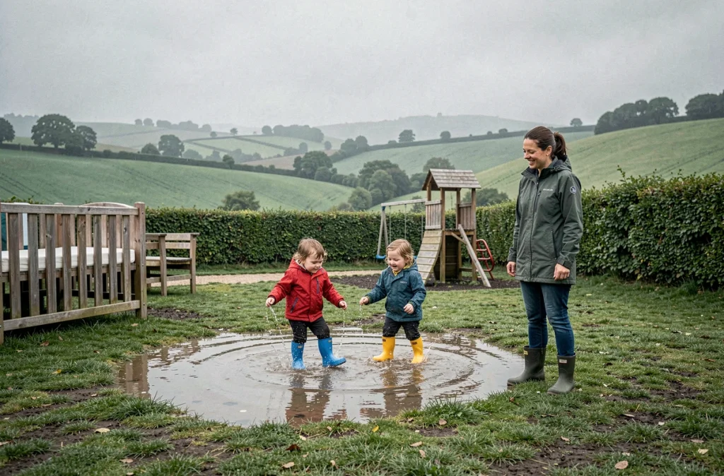 Enfants jouant à l'extérieur dans la vallée verdoyante près de Bain-de-Bretagne pour la crèche Les Jeunes Pousses - Little Valley