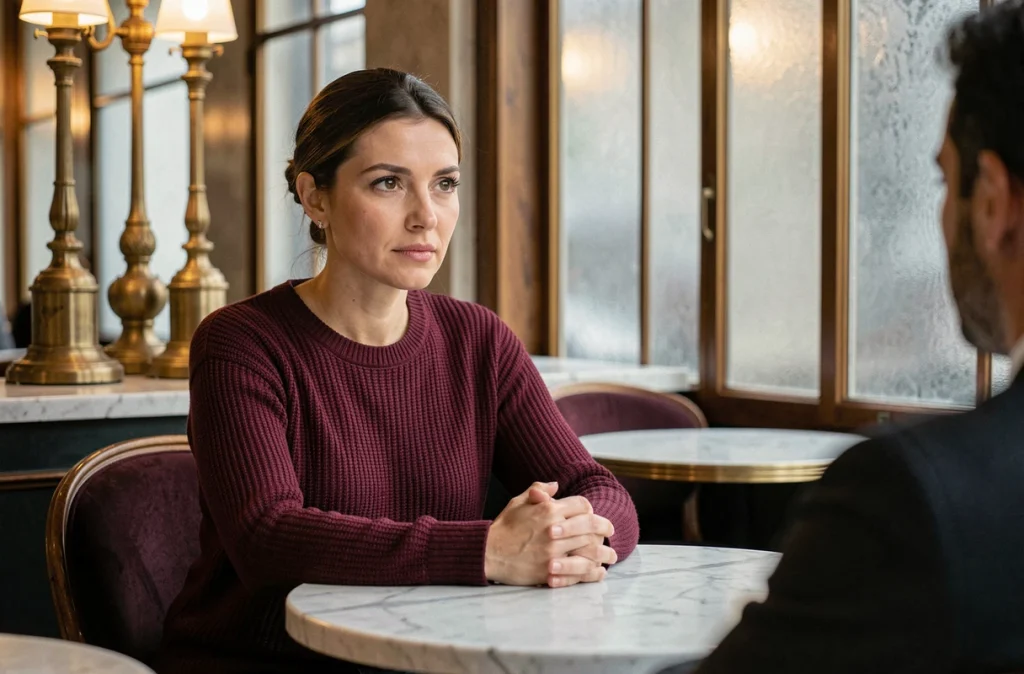 Femme journaliste en entretien dans une brasserie parisienne élégante, évoquant le respect de la sphère privée des figures publiques
