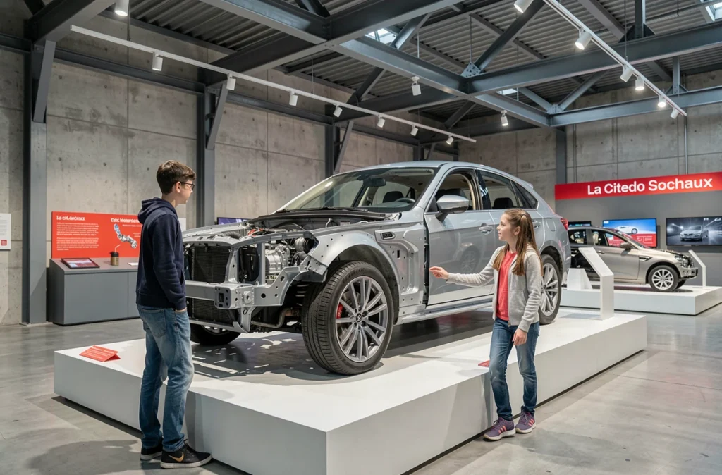 Famille découvrant les expositions interactives de La Citedo à Sochaux