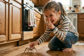 Petite fille espiègle préparant une blague de lutin farceur avec une araignée en papier faite maison dans une cuisine en bois