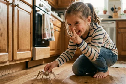 Petite fille espiègle préparant une blague de lutin farceur avec une araignée en papier faite maison dans une cuisine en bois