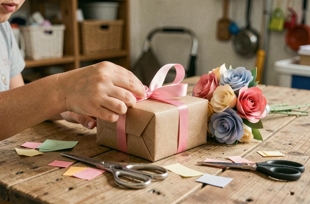 Mains d'enfant emballant un cadeau fait main avec du papier kraft et un ruban rose pour la fête des mères